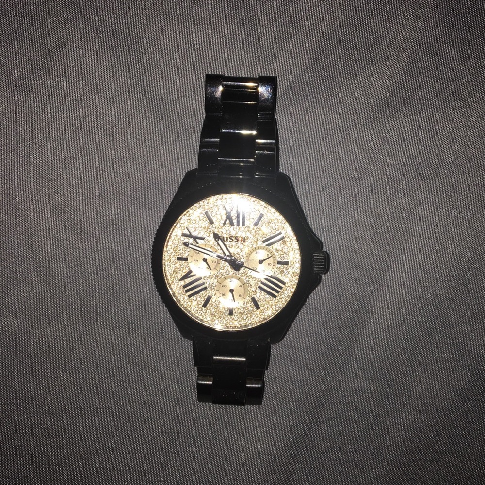 Black Fossil Watch with Gold Glitz Dial